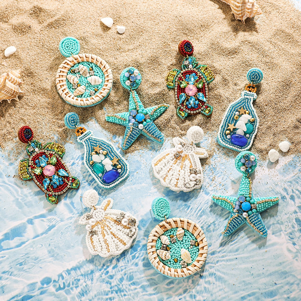 Pendientes Perlas Discos - Estilo Boho Hippie - Colores Azul Verde Blanco - Plata Plateada - 45 Mm
