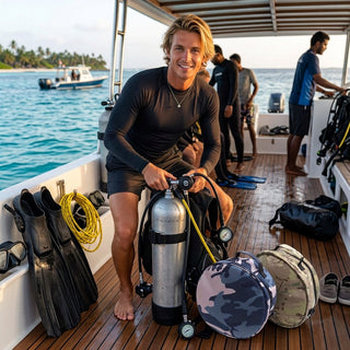 A man in a black long-sleeve wetsuit sits on a boat deck holding scuba gear, with snorkeling masks, flippers, bags, and other diving equipment around him on a sunny day by the water.