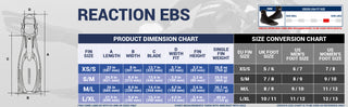 size chart Cressi 'Reaction' EBS Fins
