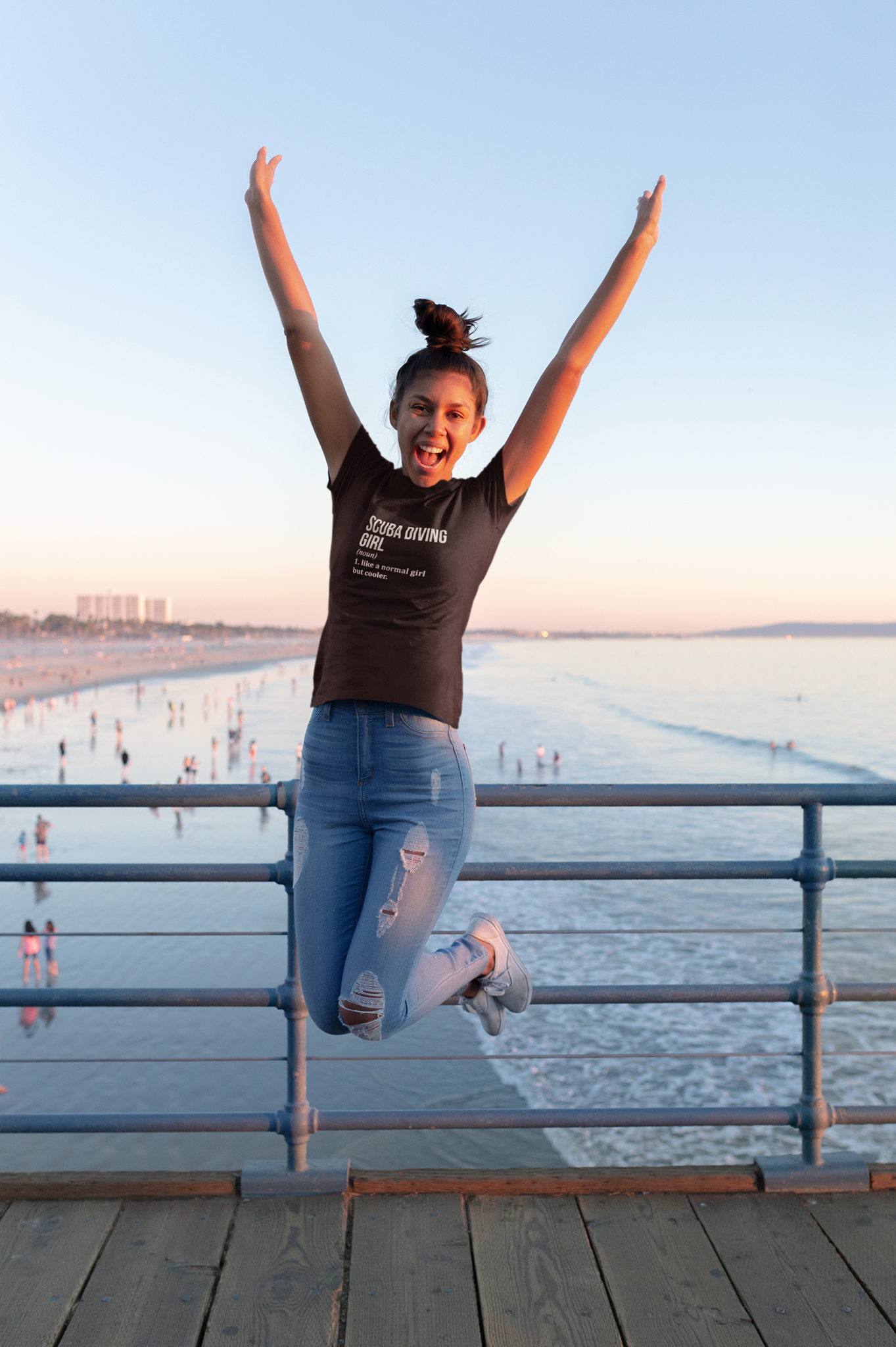 girl jumping is wearing Scuba diving T-Shirt for Women | Scuba Diving Girl - 100% cotton