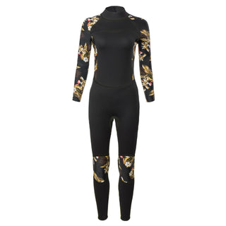 Front view of a women's neoprene suit with a vibrant yellow floral pattern, adding a touch of style and femininity to your water activities