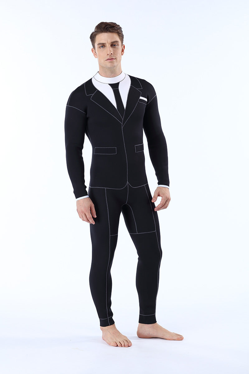 Front view of formal-looking wetsuit for men, perfect for diving and underwater adventures