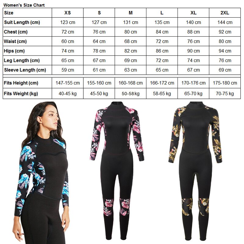 Size table for the women's 2mm neoprene wetsuit, providing accurate measurements and corresponding sizes for a perfect fit.