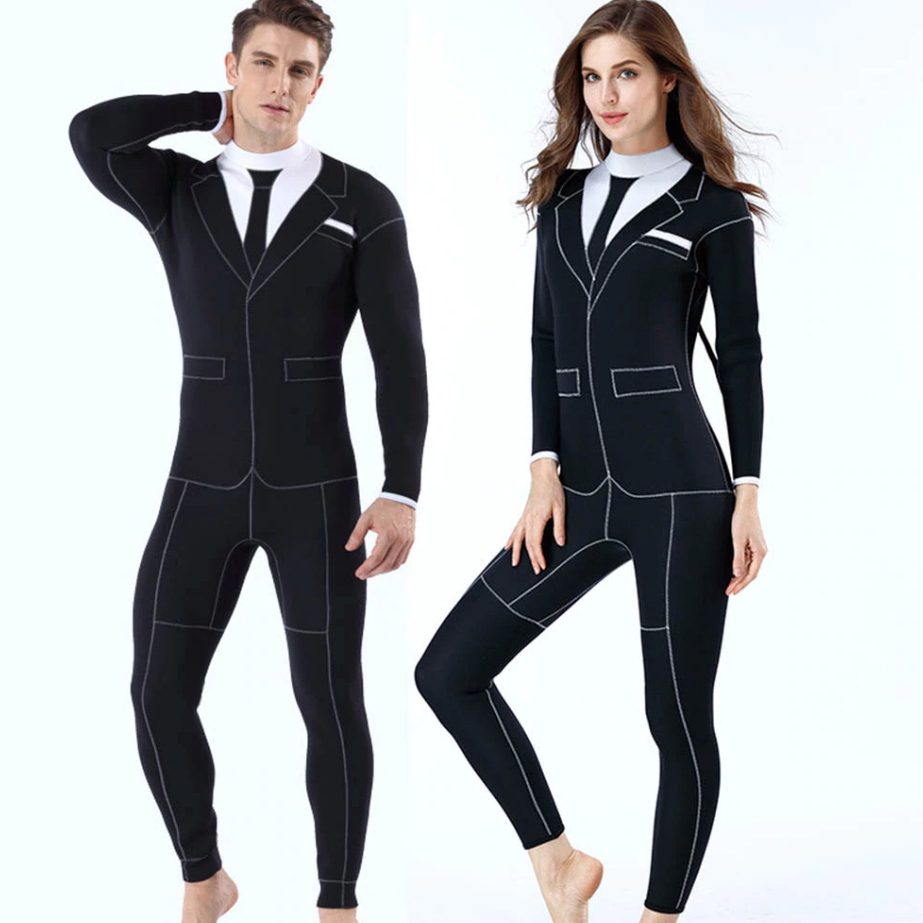 Stylish suit-inspired wetsuits for men and women, perfect for fashionable and functional diving experiences
