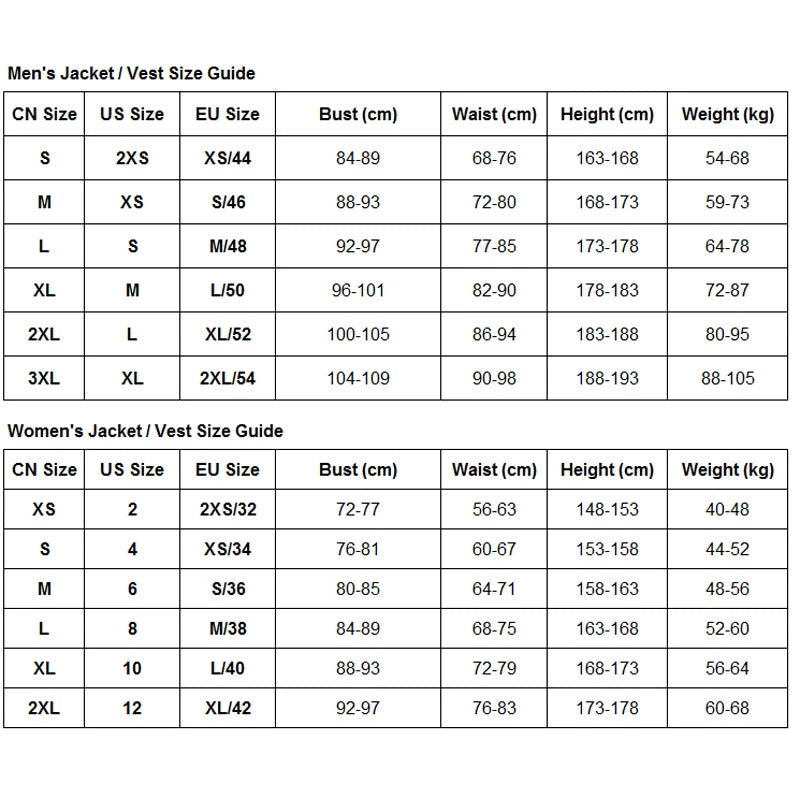 size chart Scuba diving Neoprene Vest for Men | 2mm Sleeveless
