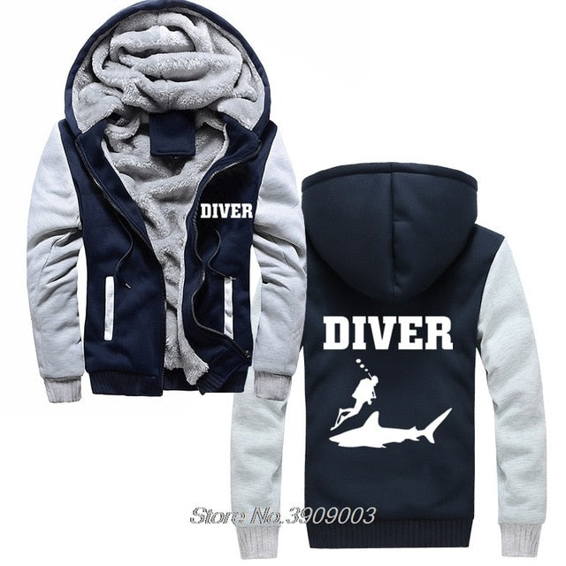 Scuba diving Hoodie Men  Coated Fleece Hoodie 'Diver & Shark' – Diving  Specials Shop