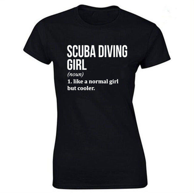 black shirt with white print Scuba diving T-Shirt for Women | Scuba Diving Girl - 100% cotton